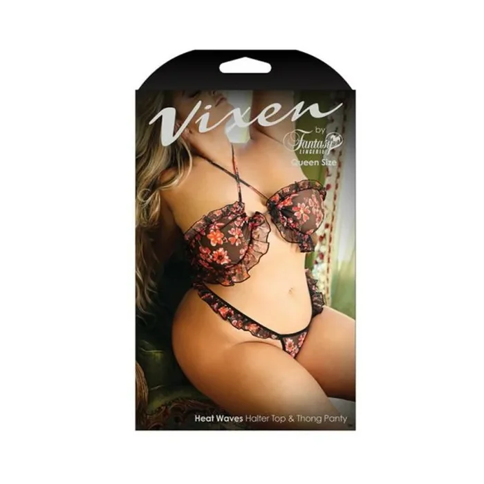 Vixen Heat Waves Floral Print Ruffled Bralette & Matching Thong Panty Black Queen