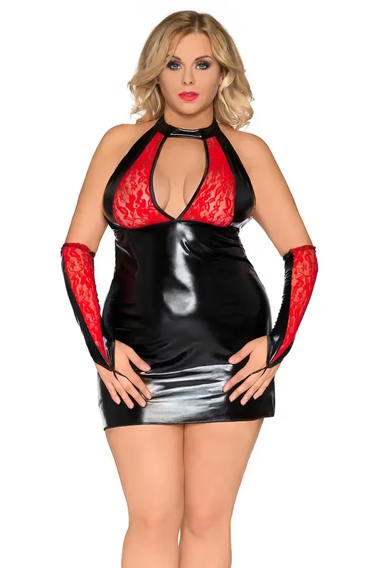 Wet-Look Chemise mit roter Spitze