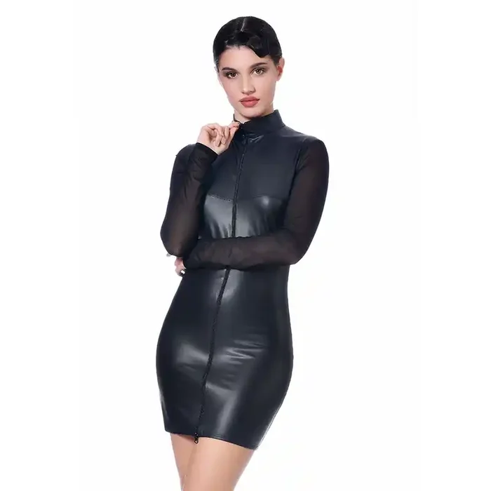 Wetlook-Kleid mit Netzärmeln
