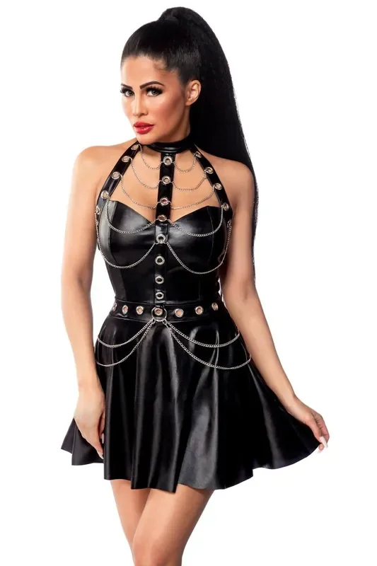 Wetlook Minikleid mit Ösen und Ketten (Grösse XS)