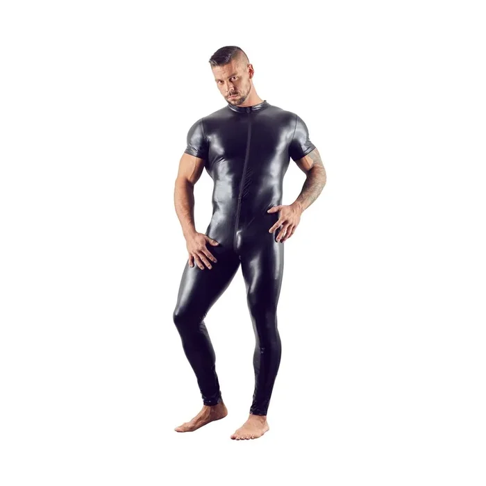 Wetlook-Overall mit langem Bein & kurzem Arm – Reißverschluss bis über den Po – Schwarz – Größe XL