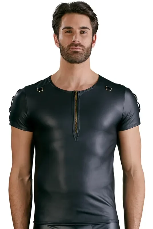 Wetlookshirt mit Schnürung an den Ärmeln