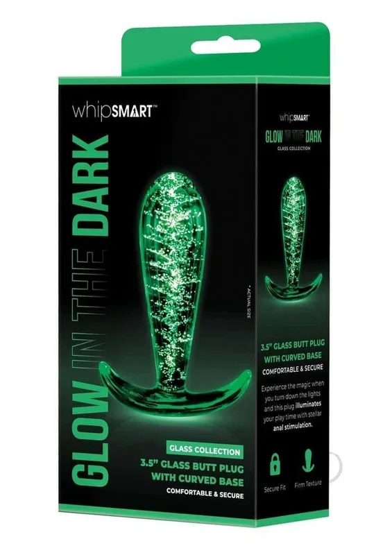 Whipsmart Glass Butt Plug with Curved Base 3.5in – Clear / Glow in the Dark